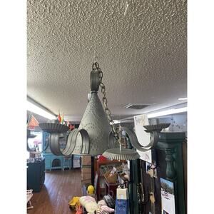 Vtg 6 Arm Tin Punched Primitive Candle Chandelier Farmhouse Country Colonial